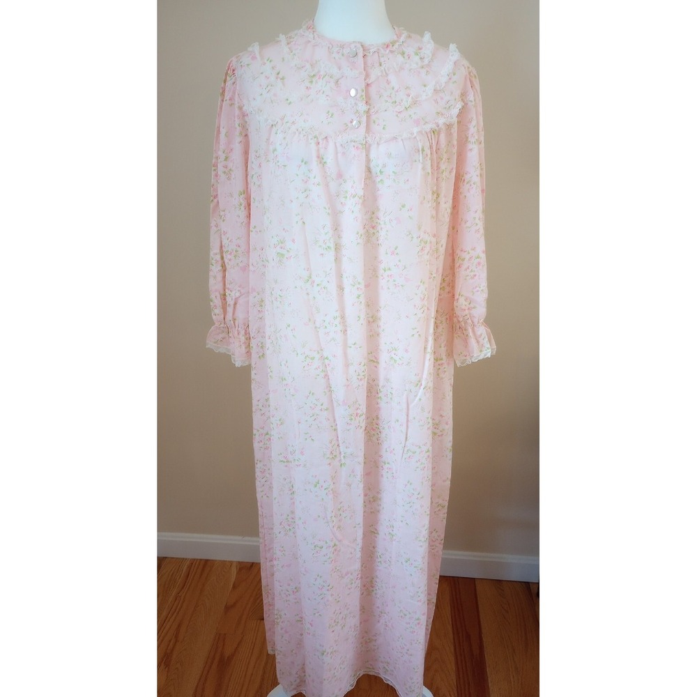VTG Rare Schrank Floral Full Length Nightgown Long Sleeves Pink Large NWOT